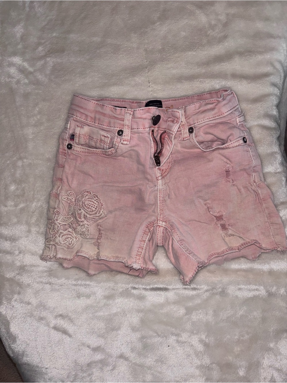 Vigoss Pink Distressed Denim Shorts with Rose Appliqué